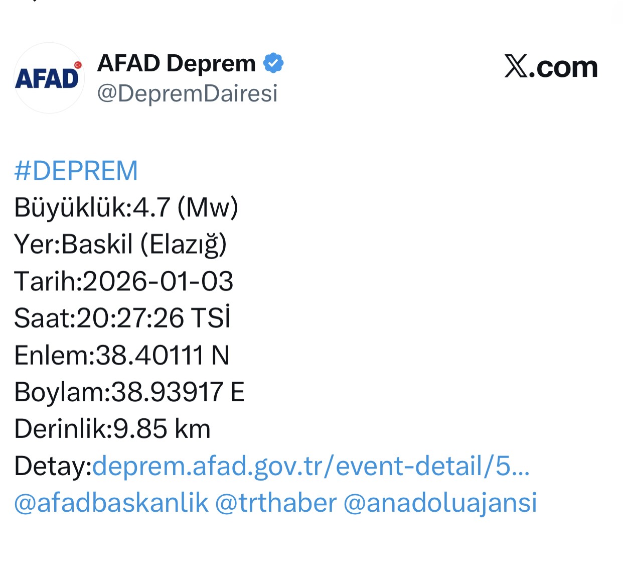 Elazığ Baskil’de 4,7 büyüklüğünde deprem